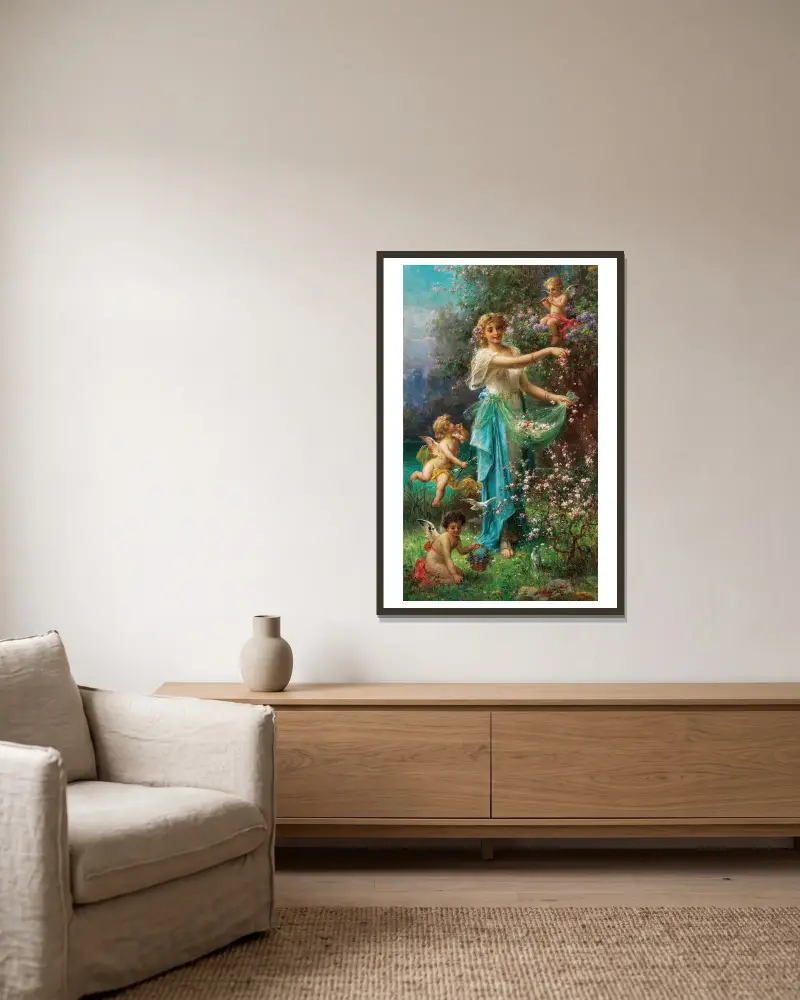 An Allegory of Spring with Cupid av Hans Zatzka inramad på en vägg