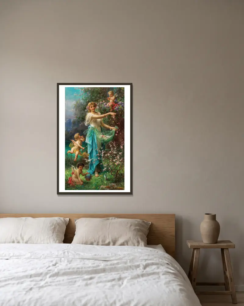 An Allegory of Spring with Cupid av Hans Zatzka inramad på en vägg