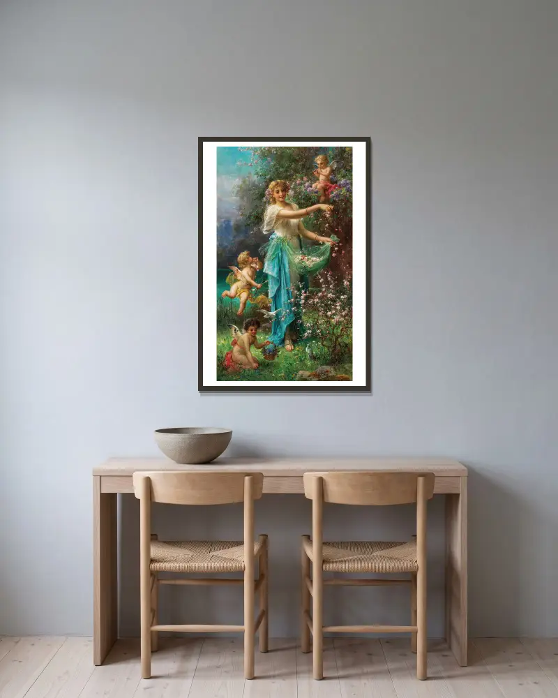 An Allegory of Spring with Cupid av Hans Zatzka inramad på en vägg