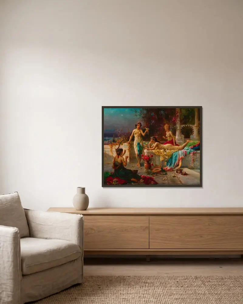 Les odalisques av Hans Zatzka inramad på en vägg