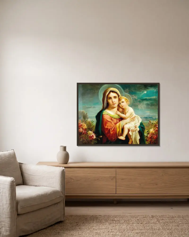 Madonna and Child av Hans Zatzka inramad på en vägg
