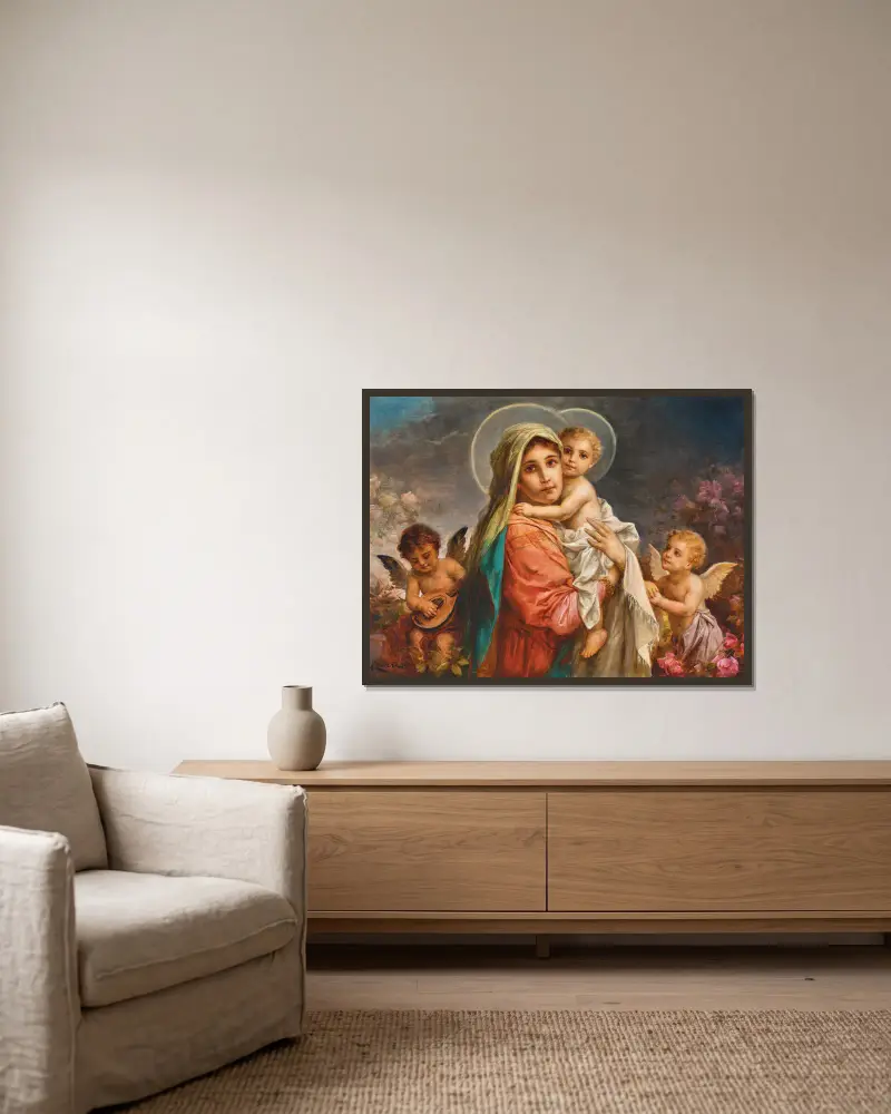 Madonna and Child with Putti av Hans Zatzka inramad på en vägg