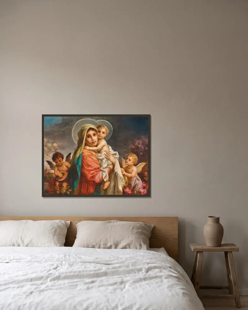 Madonna and Child with Putti av Hans Zatzka inramad på en vägg