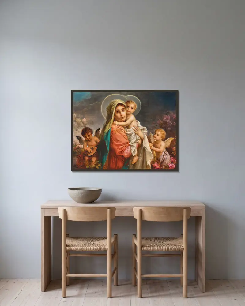 Madonna and Child with Putti av Hans Zatzka inramad på en vägg