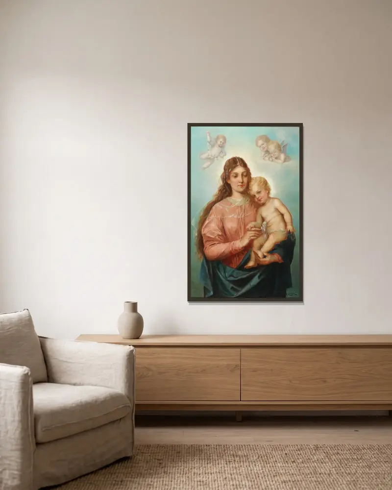 Madonna med Kristusbarnet och putti av Hans Zatzka inramad på en vägg