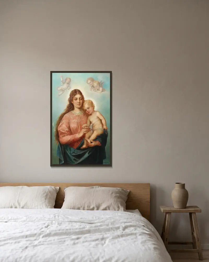 Madonna med Kristusbarnet och putti av Hans Zatzka inramad på en vägg
