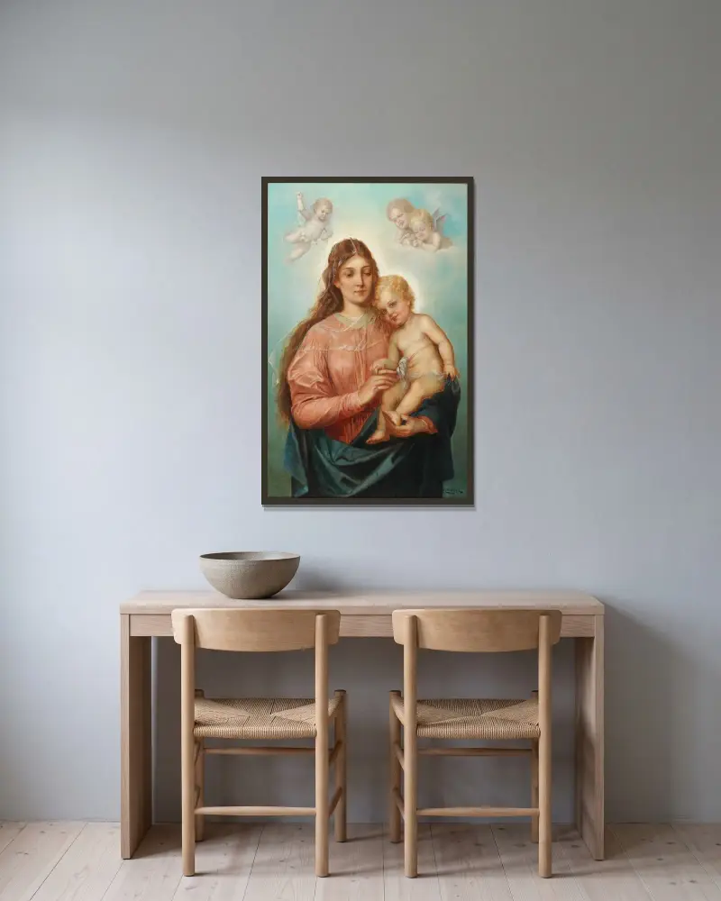 Madonna med Kristusbarnet och putti av Hans Zatzka inramad på en vägg