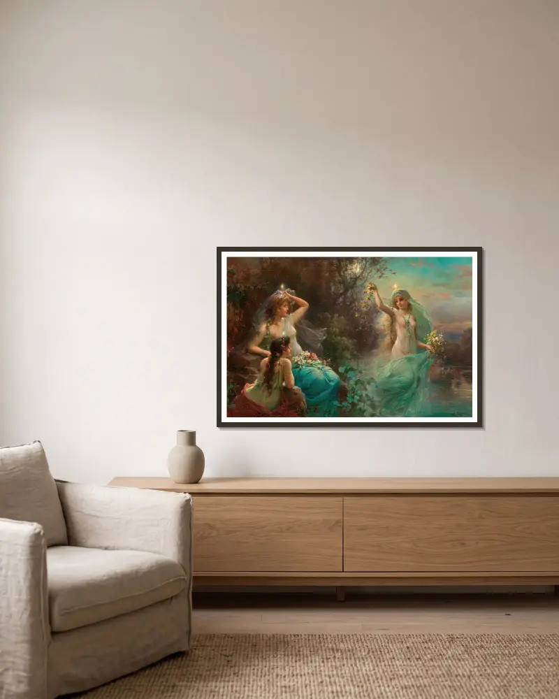 Nymphs at Dawn av Hans Zatzka inramad på en vägg