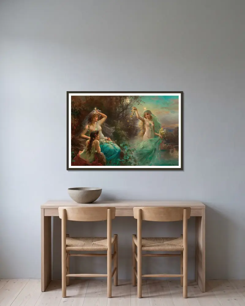 Nymphs at Dawn av Hans Zatzka inramad på en vägg