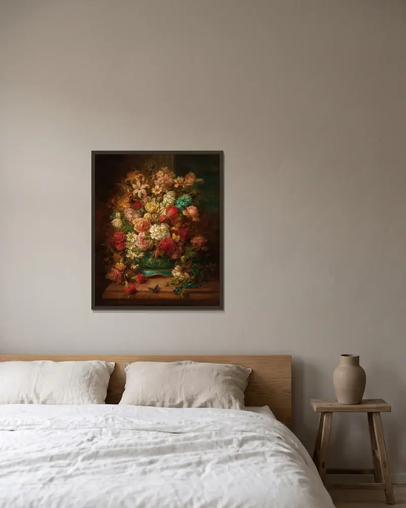 Stilleben med blommor och fjärilar av Hans Zatzka inramad på en vägg