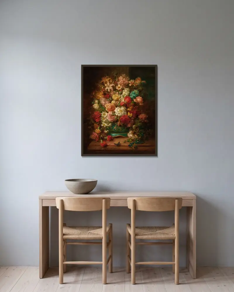 Stilleben med blommor och fjärilar av Hans Zatzka inramad på en vägg