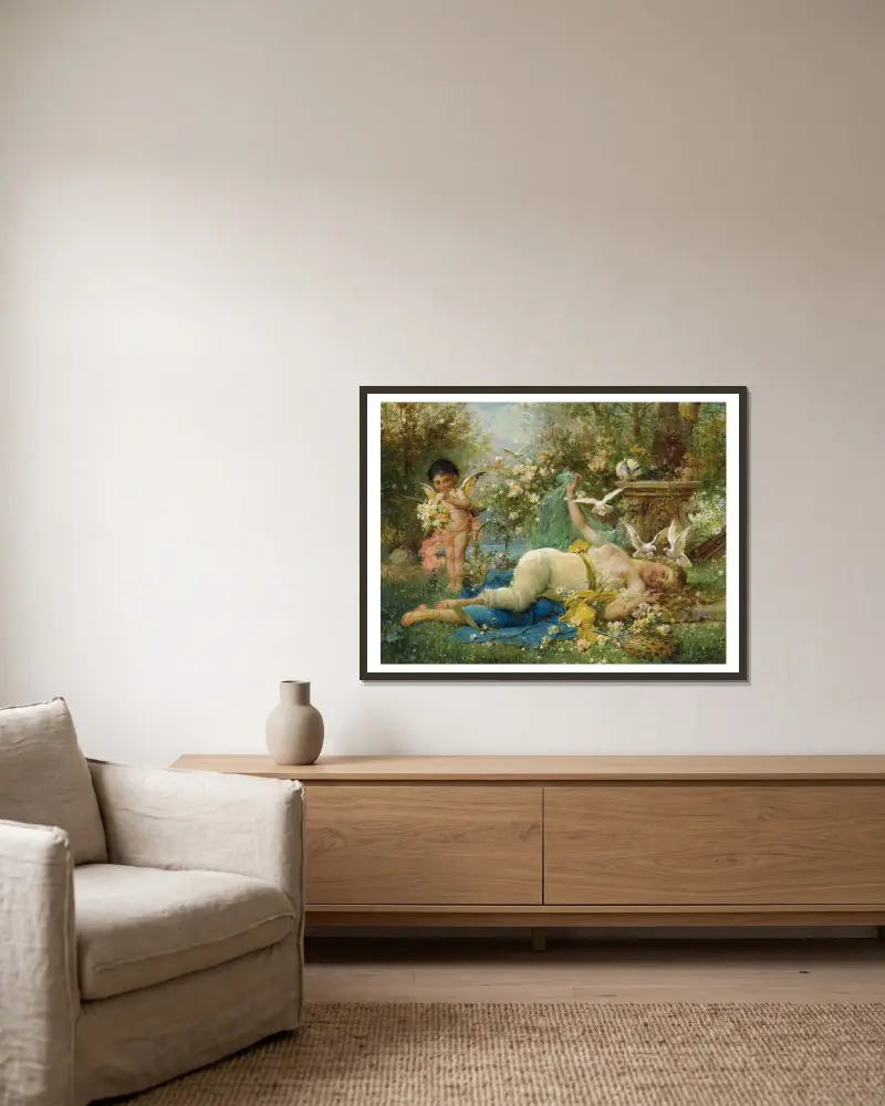 Venus And Cupid av Hans Zatzka inramad på en vägg