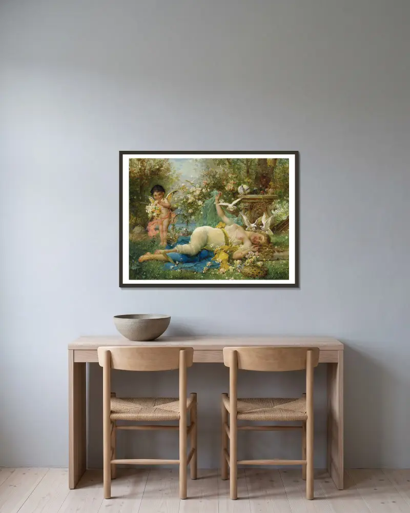 Venus And Cupid av Hans Zatzka inramad på en vägg