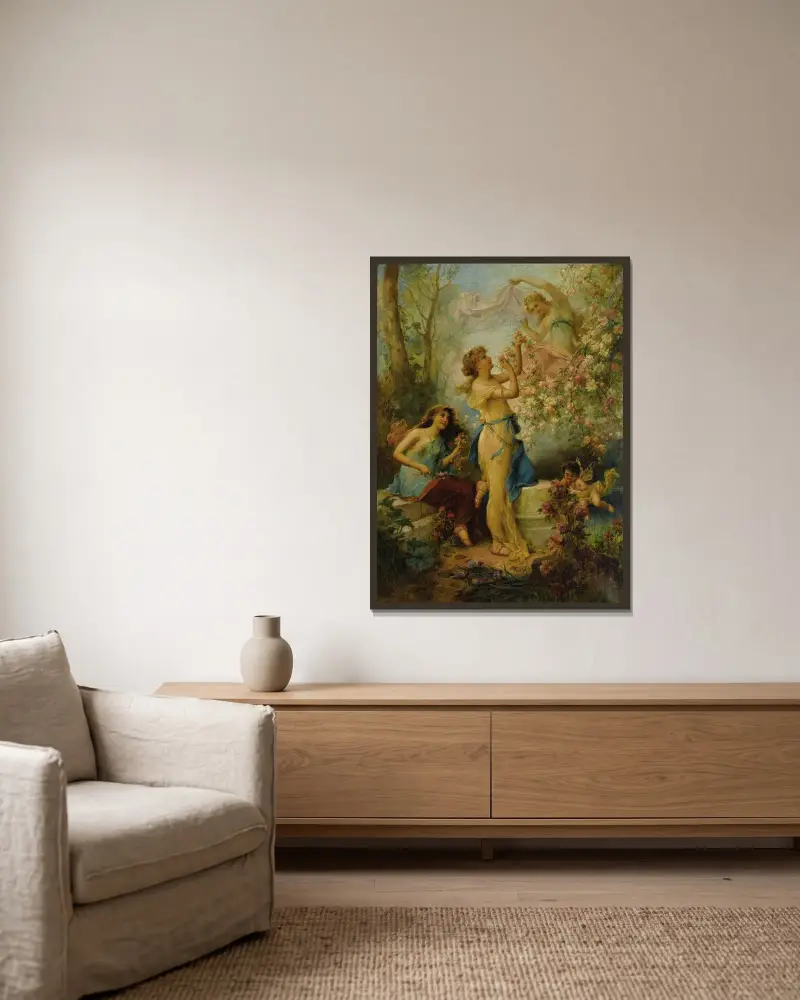Venus med putti och följe av Hans Zatzka inramad på en vägg