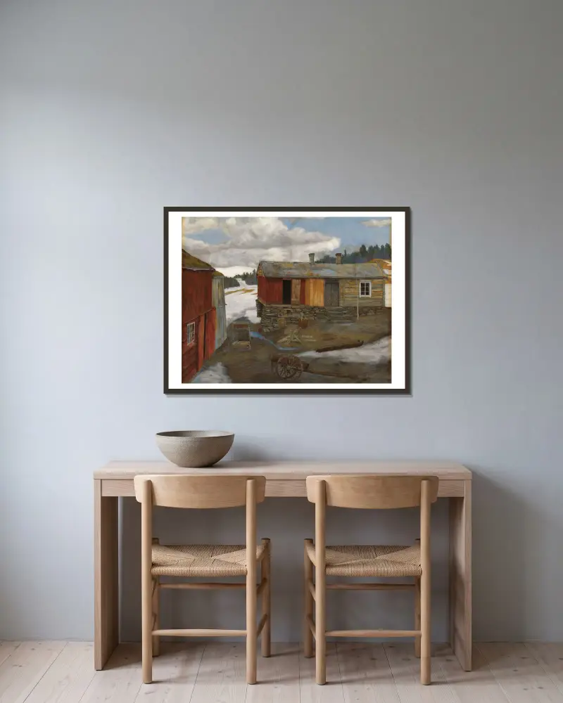 Courtyard in Slush at Røros av Harald Sohlberg inramad på en vägg