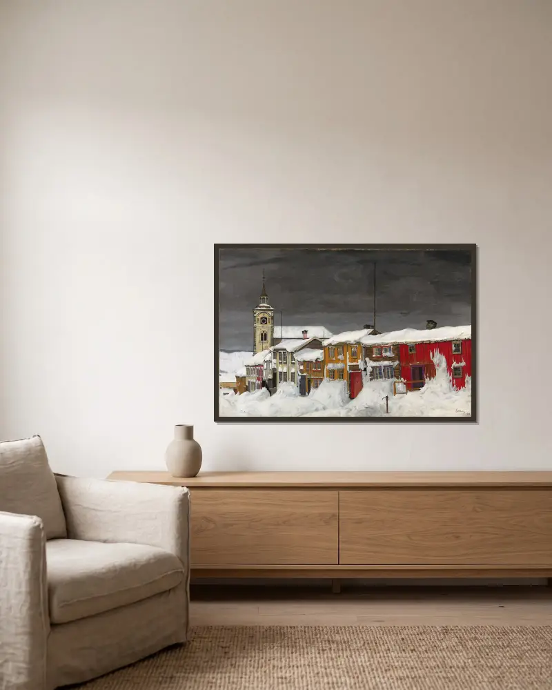 Street in Røros in Winter av Harald Sohlberg inramad på en vägg