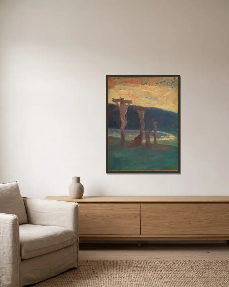Kreuzigung von Harald Sohlberg gerahmt an einer Wand