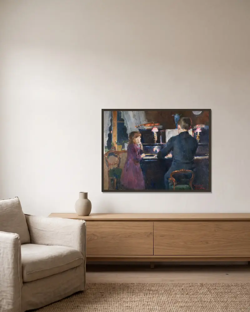 Die große Schwester spielt von Harriet Backer gerahmt an einer Wand