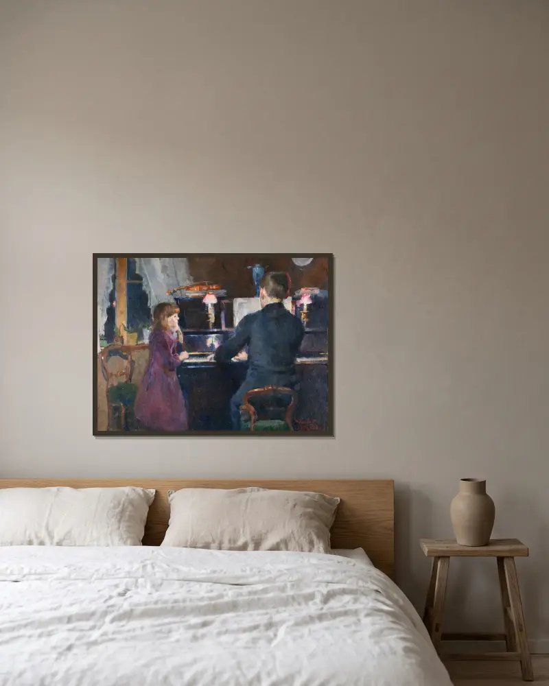 Die große Schwester spielt von Harriet Backer gerahmt an einer Wand