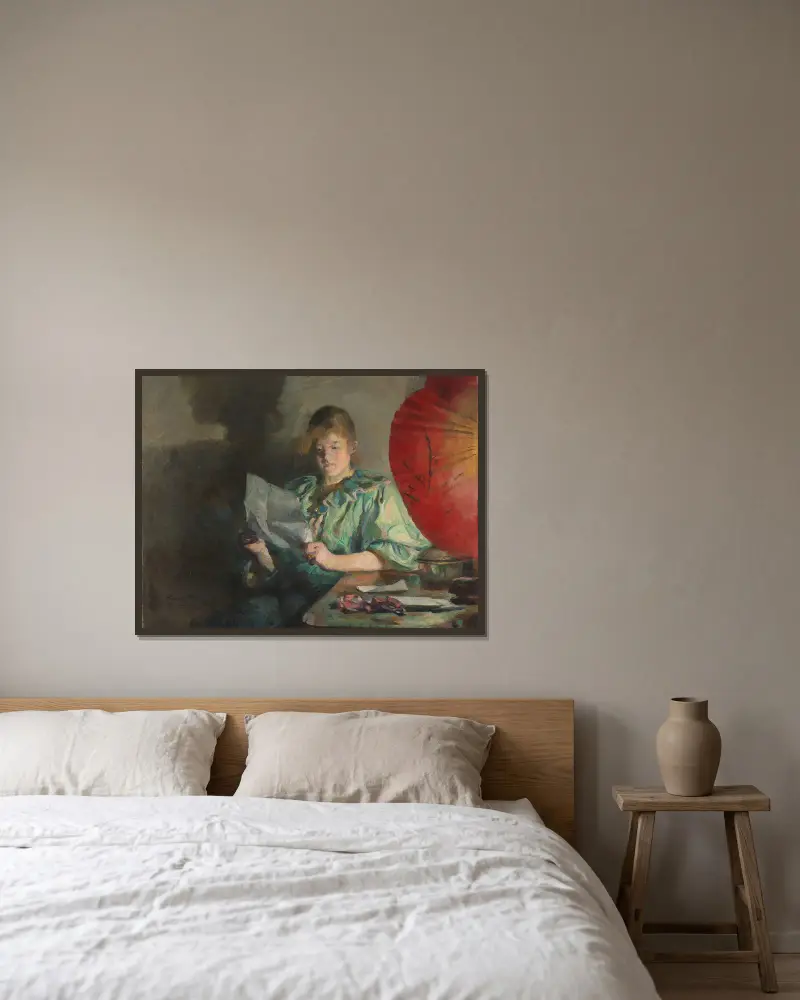 Večer, interiér, Harriet Backer v rámu na stěně