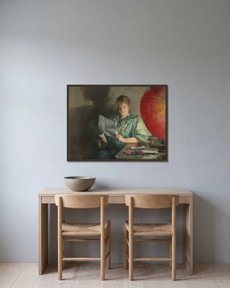 Večer, interiér, Harriet Backer v rámu na stěně