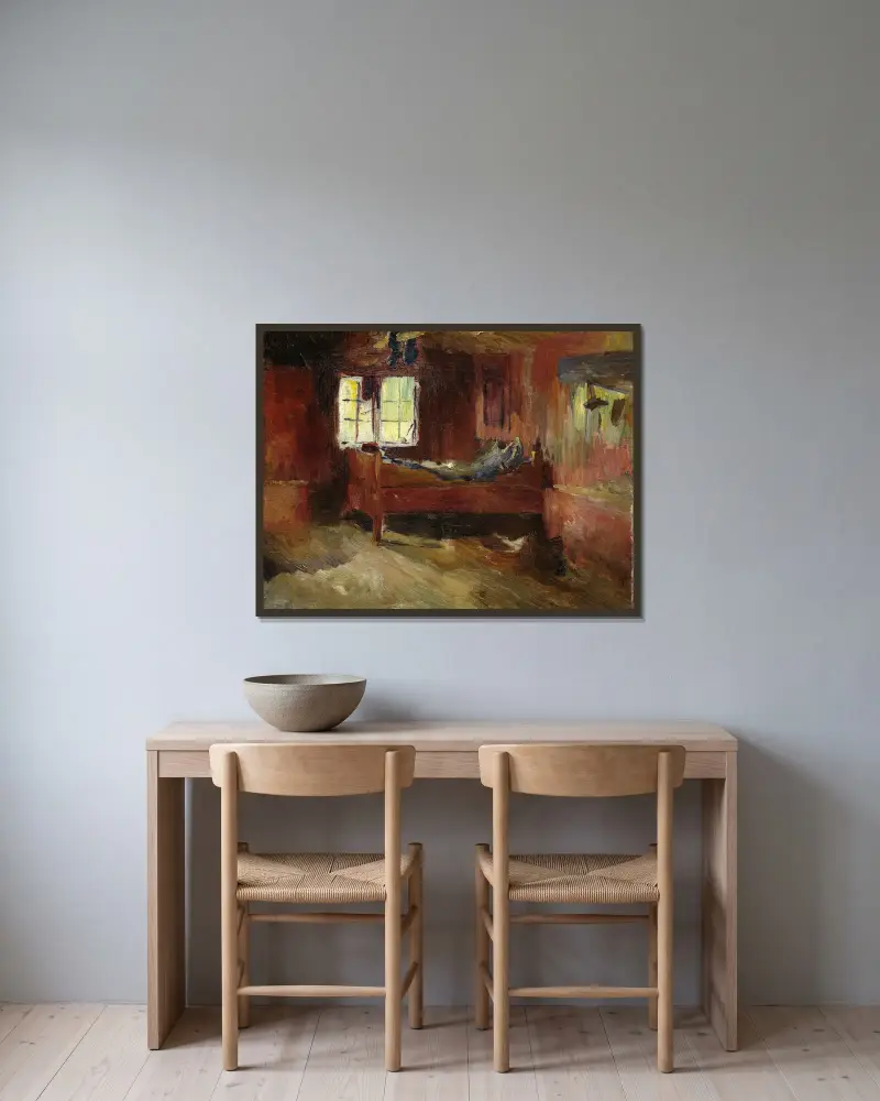 Farm Interior, Strålsjøhaugen av Harriet Backer inramad på en vägg