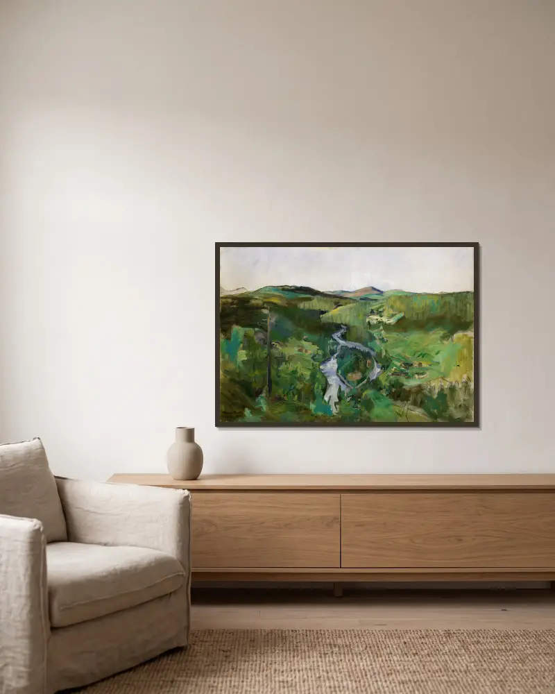Landschaft aus Foldalen von Harriet Backer gerahmt an einer Wand