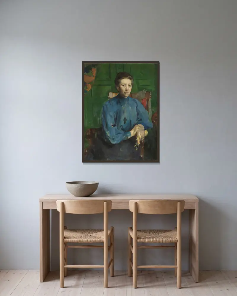 Mrs. Vedastine Aubert, b. Moe av Harriet Backer inramad på en vägg
