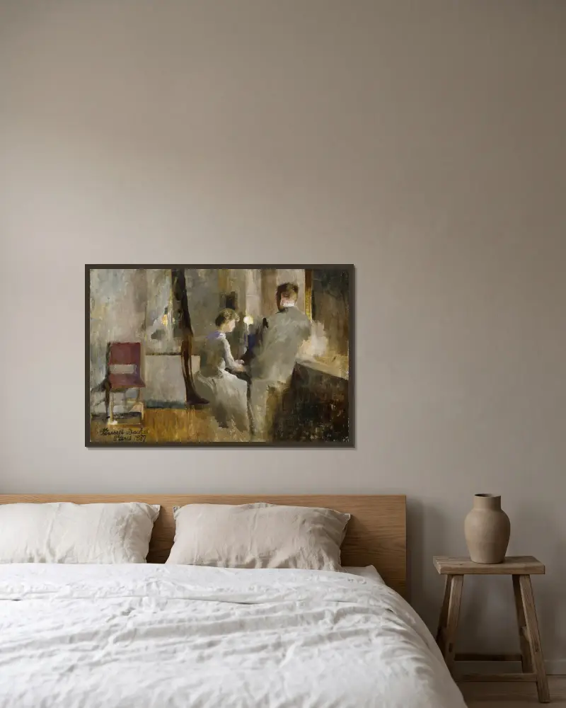 Musik, Interieur aus Paris von Harriet Backer gerahmt an einer Wand