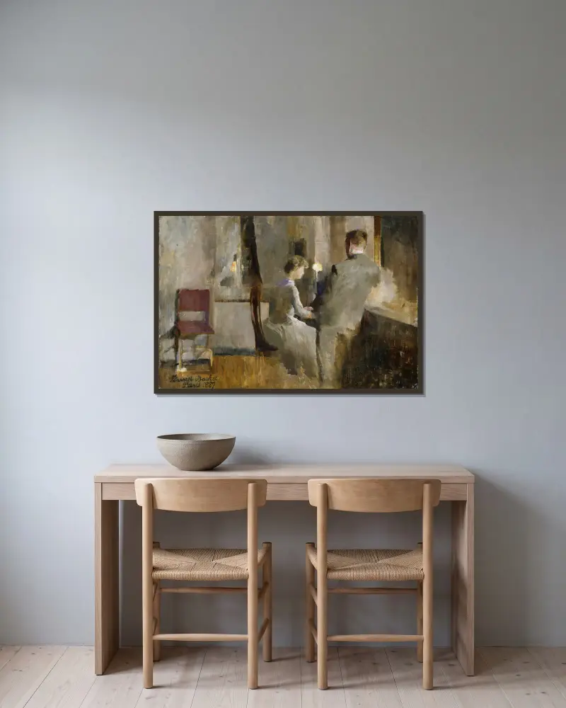 Musik, Interieur aus Paris von Harriet Backer gerahmt an einer Wand
