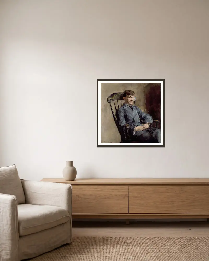 Portrait of the Composer Johan Backer Lunde av Harriet Backer inramad på en vägg