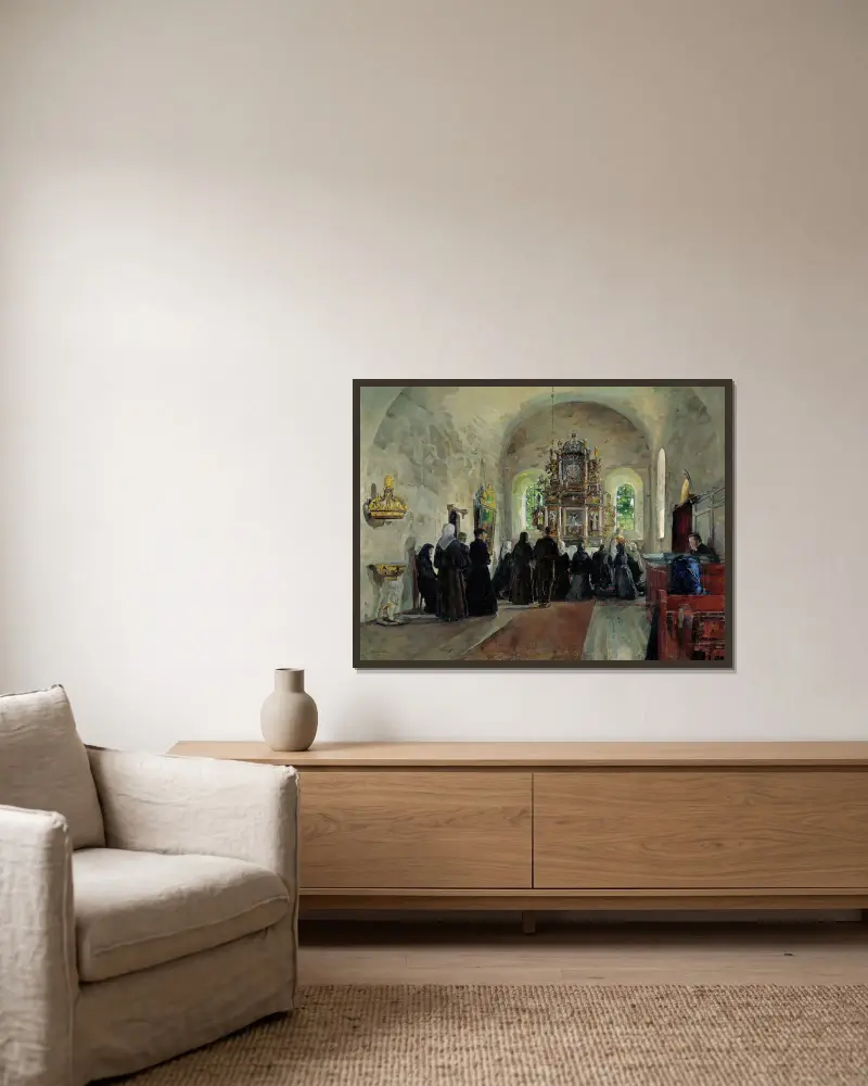 The Holy Communion celebrated in Stange Church av Harriet Backer inramad på en vägg