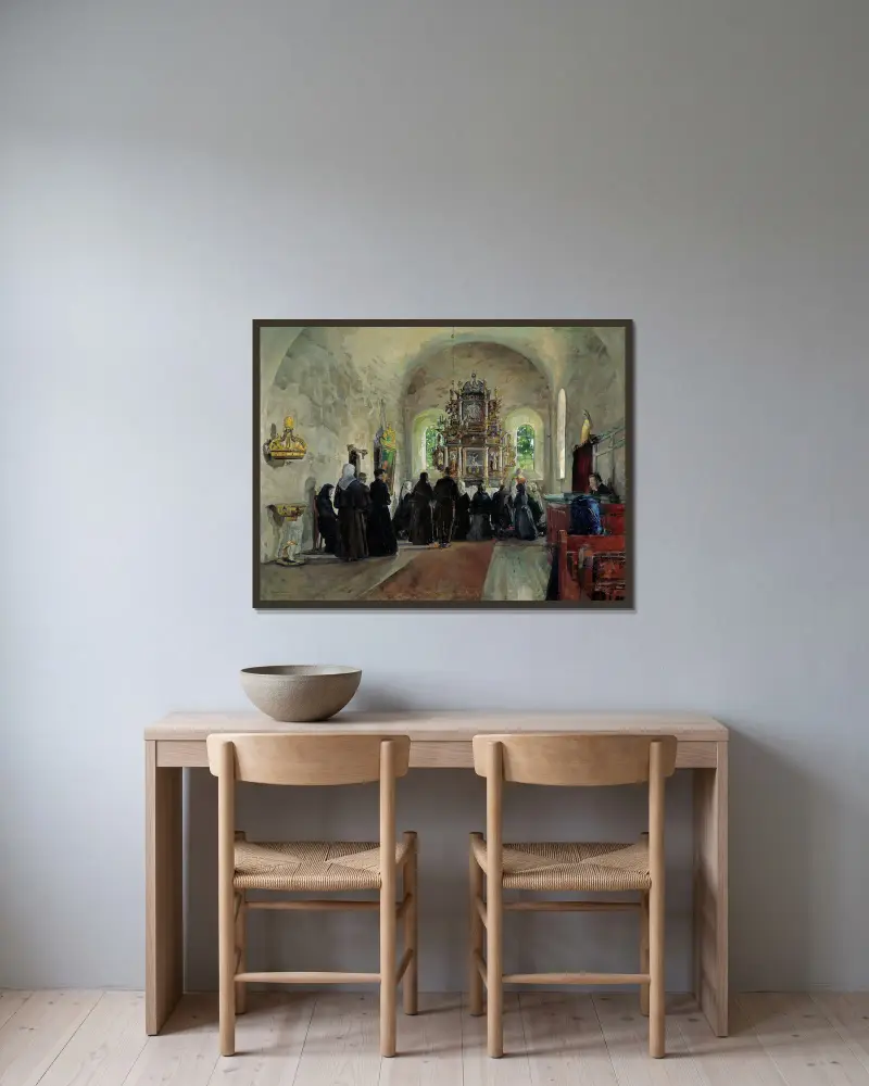 The Holy Communion celebrated in Stange Church av Harriet Backer inramad på en vägg