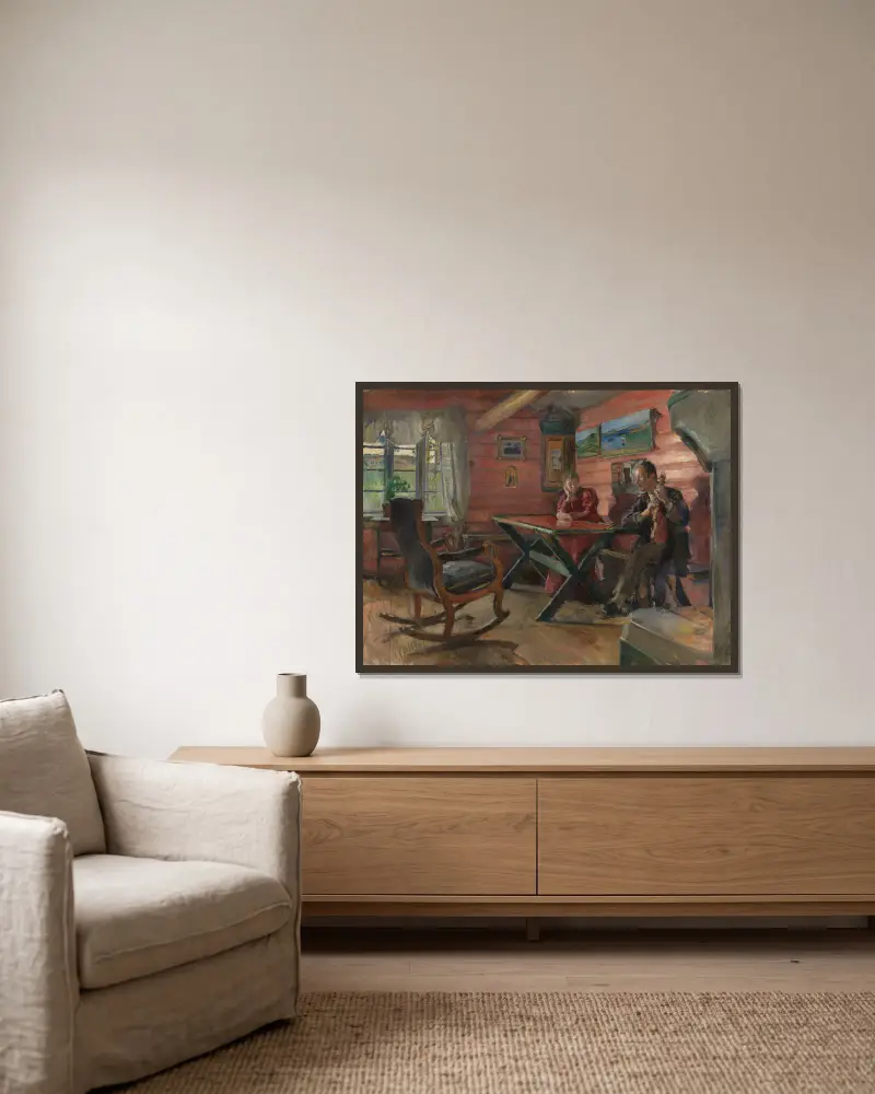 The Living Room at Kolbotn, (Hulda and Arne Garborg’s home) av Harriet Backer inramad på en vägg
