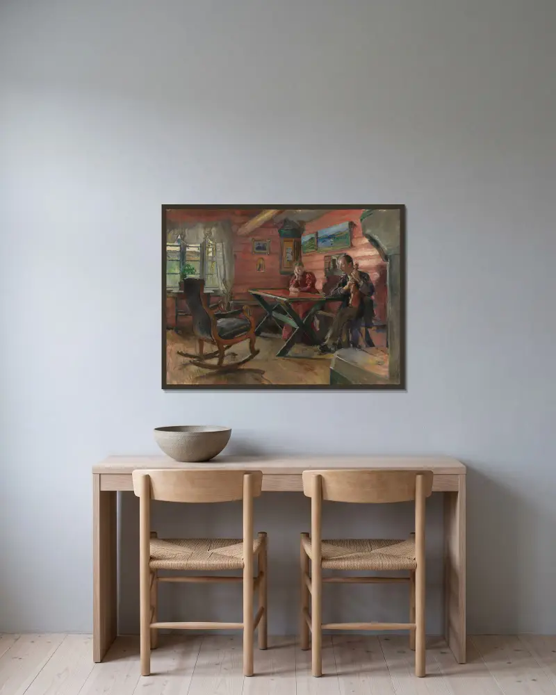 The Living Room at Kolbotn, (Hulda and Arne Garborg’s home) av Harriet Backer inramad på en vägg