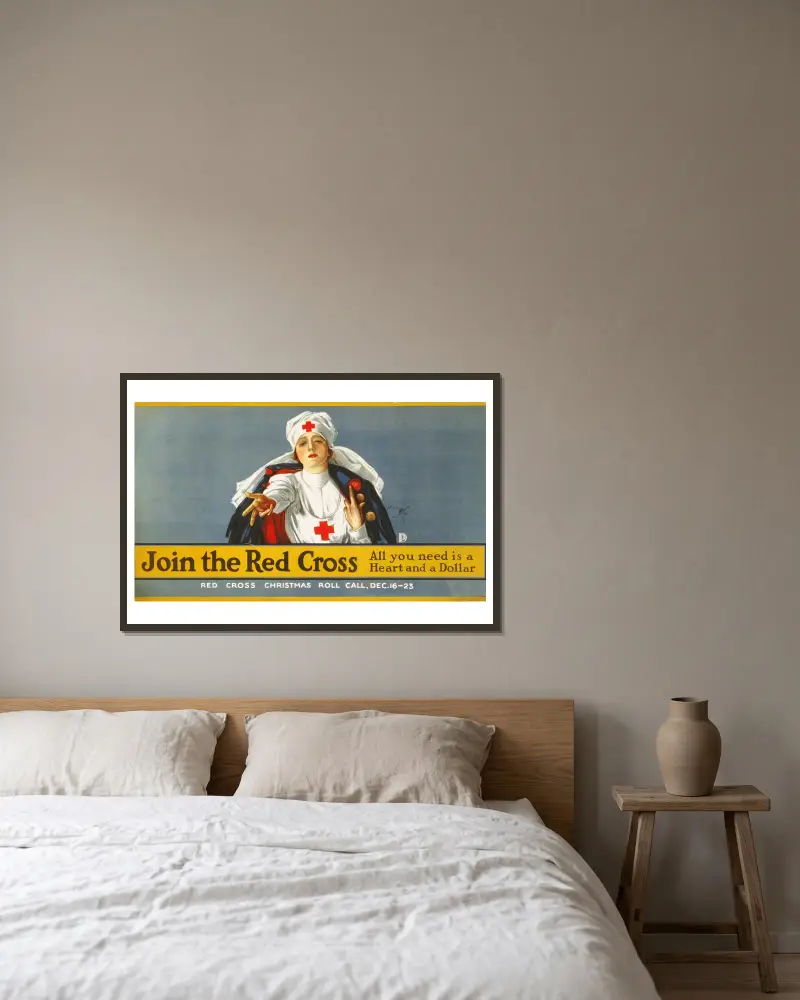 Join the Red Cross – all you need is a heart and a dollar av Harrison Fisher inramad på en vägg