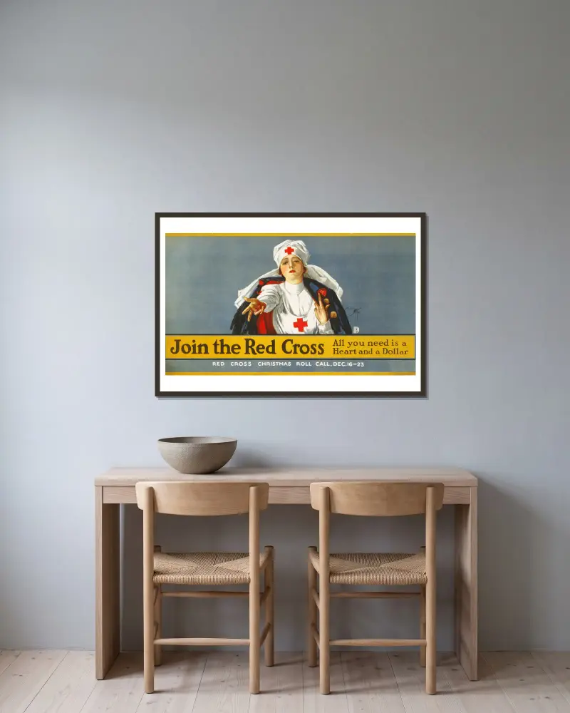 Join the Red Cross – all you need is a heart and a dollar av Harrison Fisher inramad på en vägg