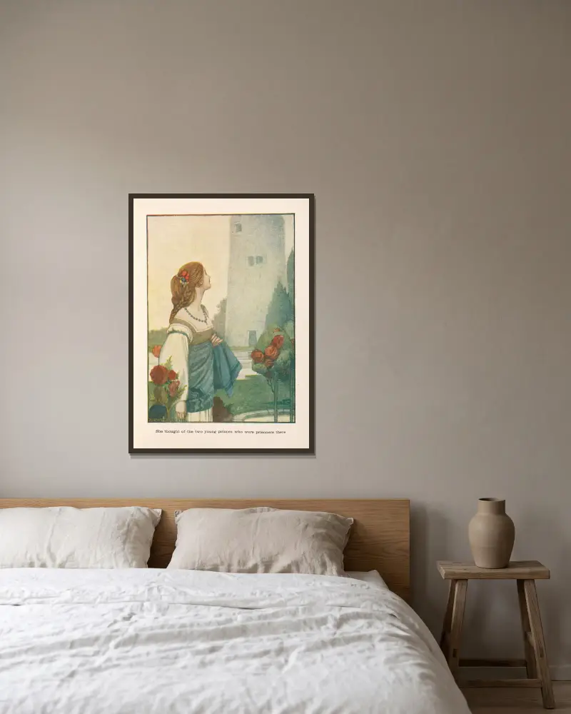 Emelia; Hon tänkte på de två unga prinsarna som var fångar där av William Heath Robinson inramad på en vägg
