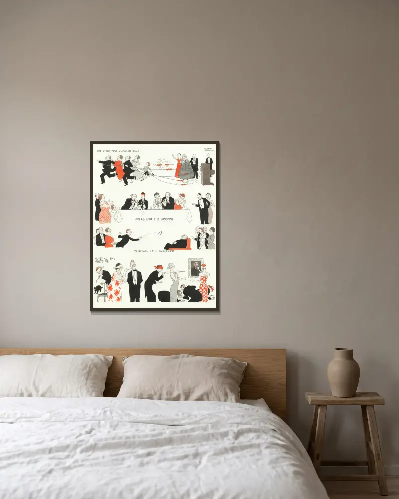 Neue Weihnachtsspiele von William Heath Robinson gerahmt an einer Wand