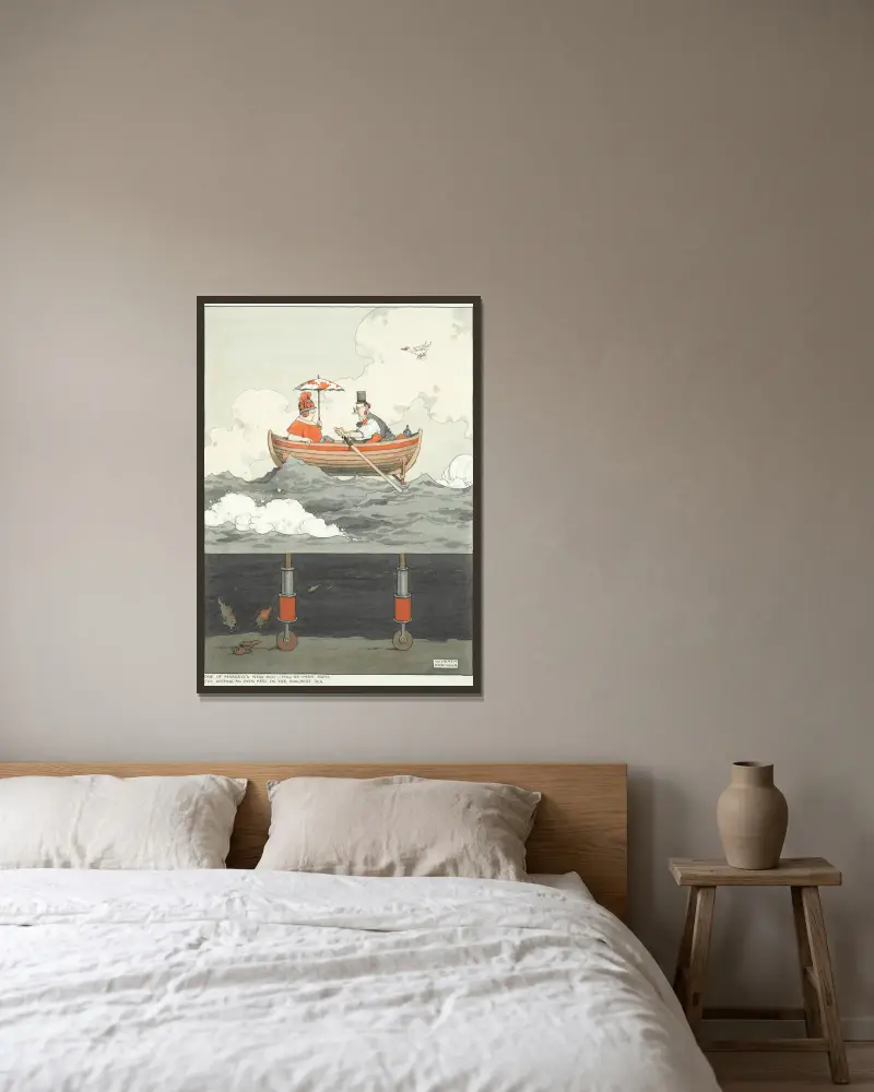 ‘One of Margate’s New Anti-Mal-de-Mer Boats for Keeping an Even Keel in the Roughest Sea’ av William Heath Robinson inramad på en vägg