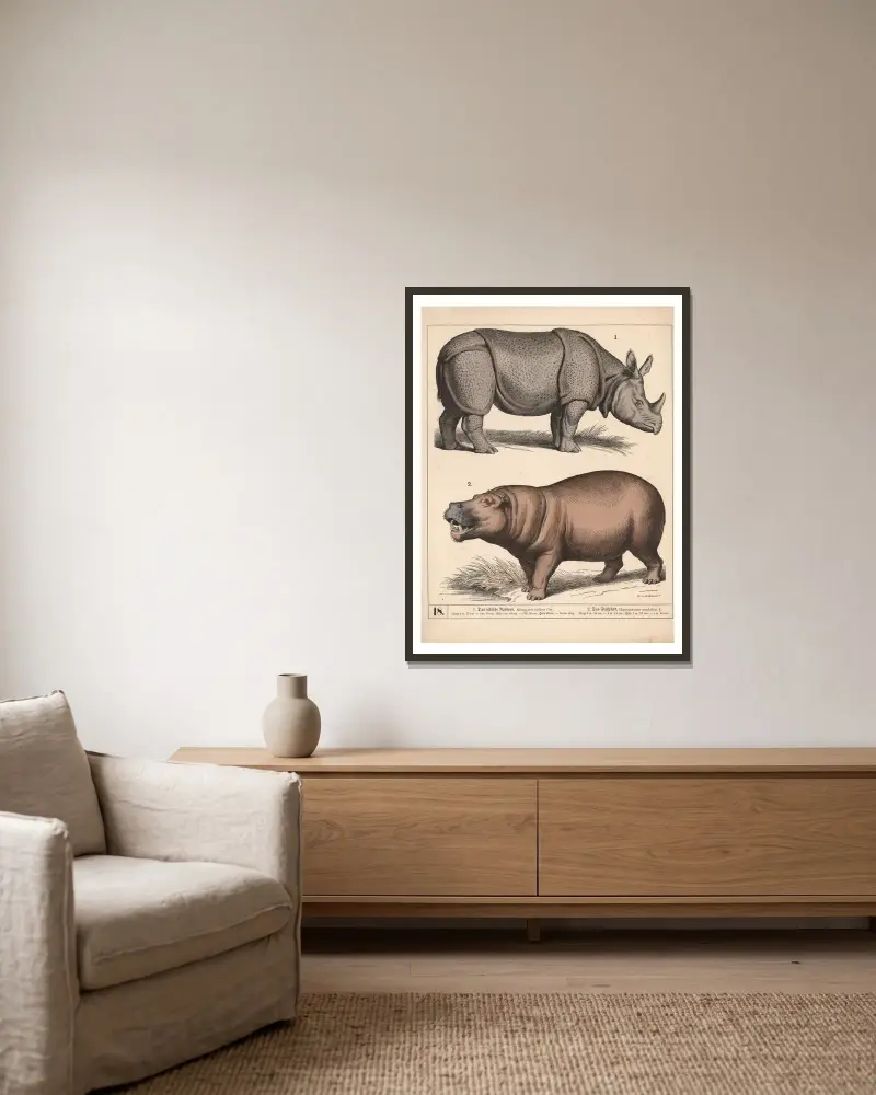 1. Das indische Nashorn. 2. Das Flusspferd, 1882 – nr 1 av Heinrich Leutemann inramad på en vägg