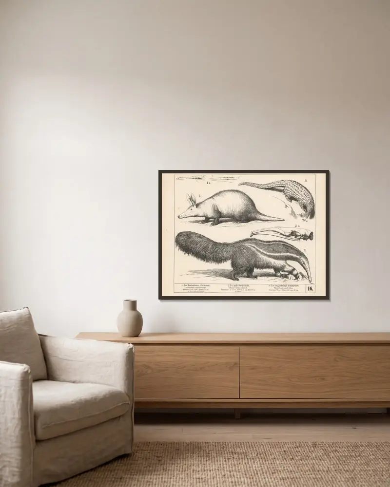 1. Der Ameisenscharrer (Erdschwein). 2. Der grosse Ameisenfresser. 3. Das langgeschwänzte Schuppenthier., 1882 – nr 2 av Heinrich Leutemann inramad på en vägg