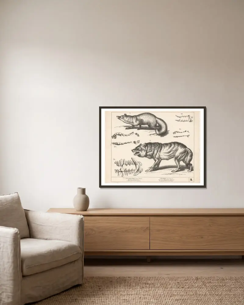 1. Der gemeine Fuchs. 2. Der Wolf av Heinrich Leutemann inramad på en vägg