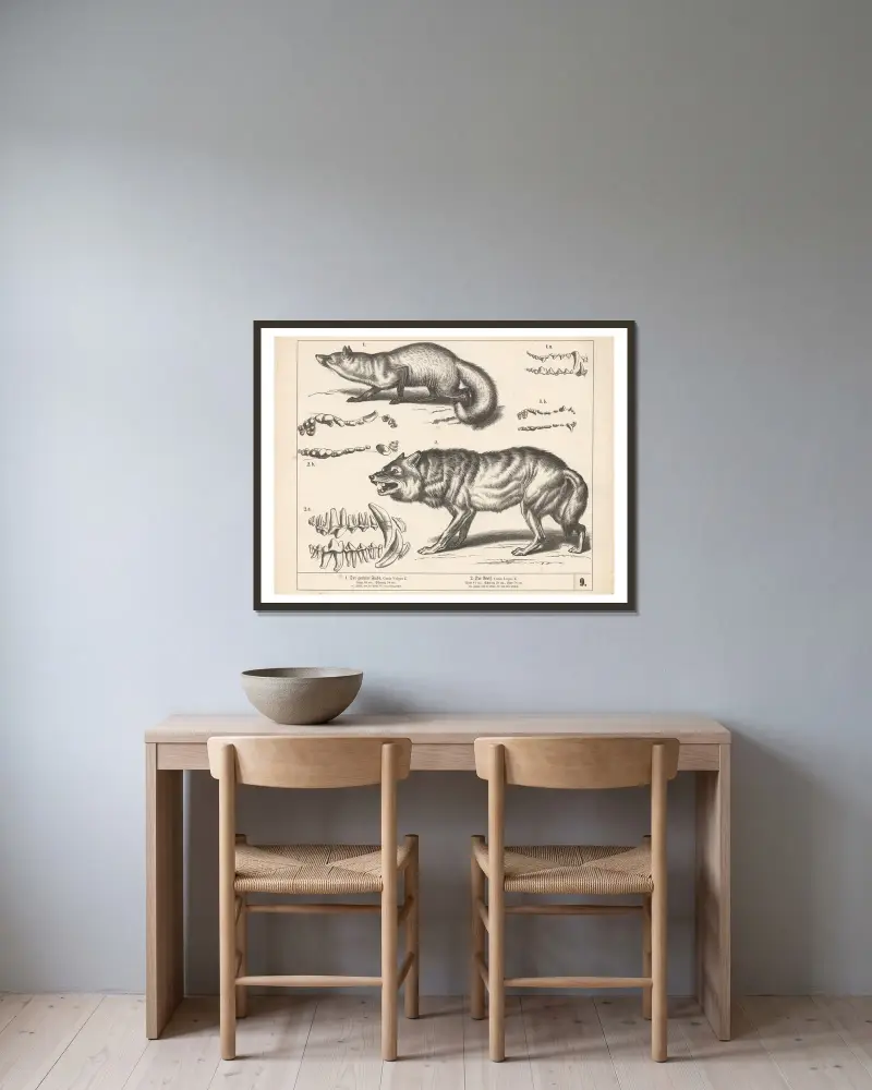 1. Der gemeine Fuchs. 2. Der Wolf av Heinrich Leutemann inramad på en vägg