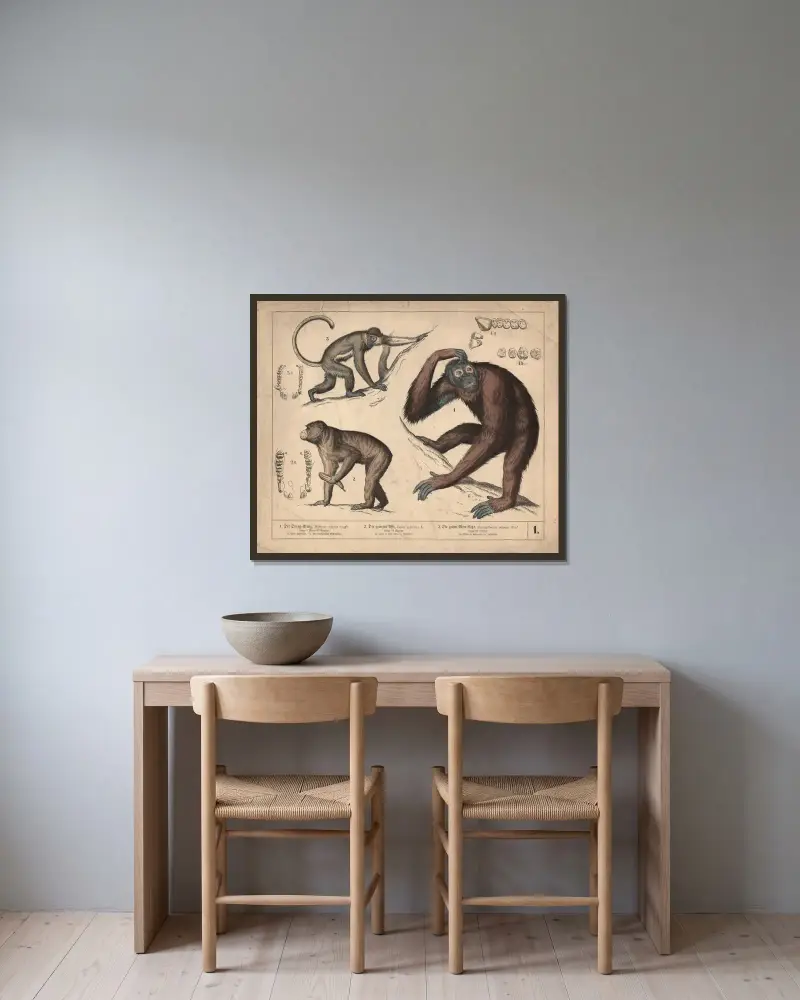 1. Der Orang-Utang. 2. Der gemeine Affe. 3 Die grüne Meer-Katze av Heinrich Leutemann inramad på en vägg