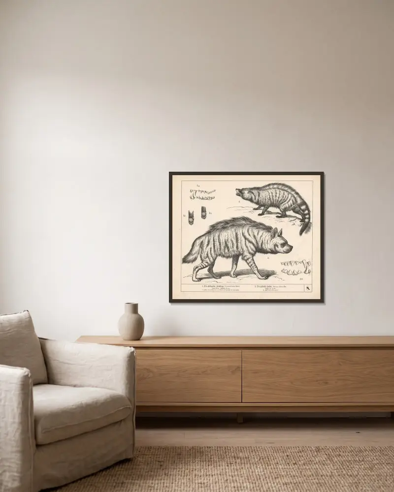 1. Die afrikanische Zibethkatze. 2. Die gestreifte Hyäne av Heinrich Leutemann inramad på en vägg