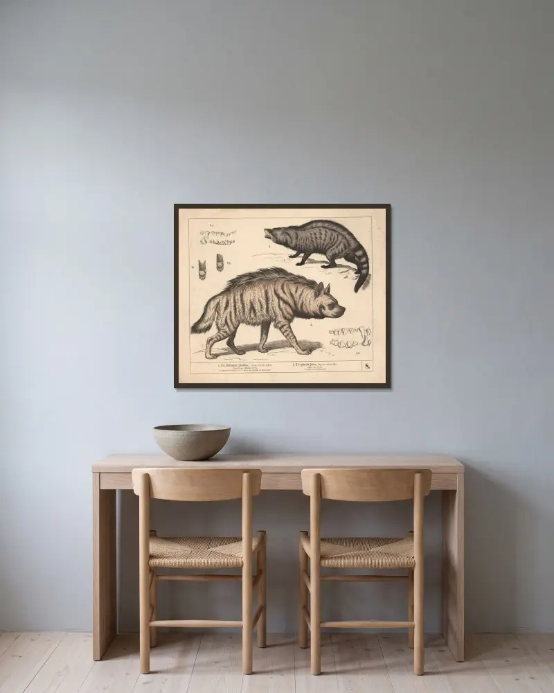 1. Die afrikanische Zibethkatze. 2. Die gestreifte Hyäne. von Heinrich Leutemann gerahmt an einer Wand
