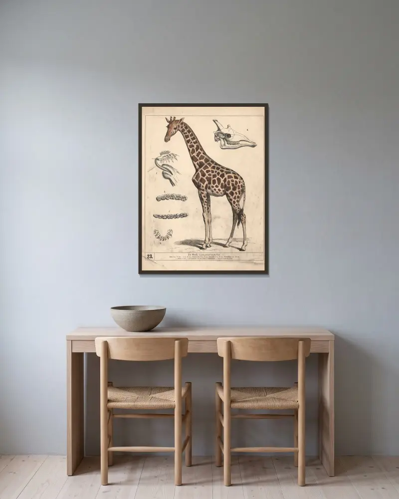 Die Giraffe., 1882 – nr 2 av Heinrich Leutemann inramad på en vägg