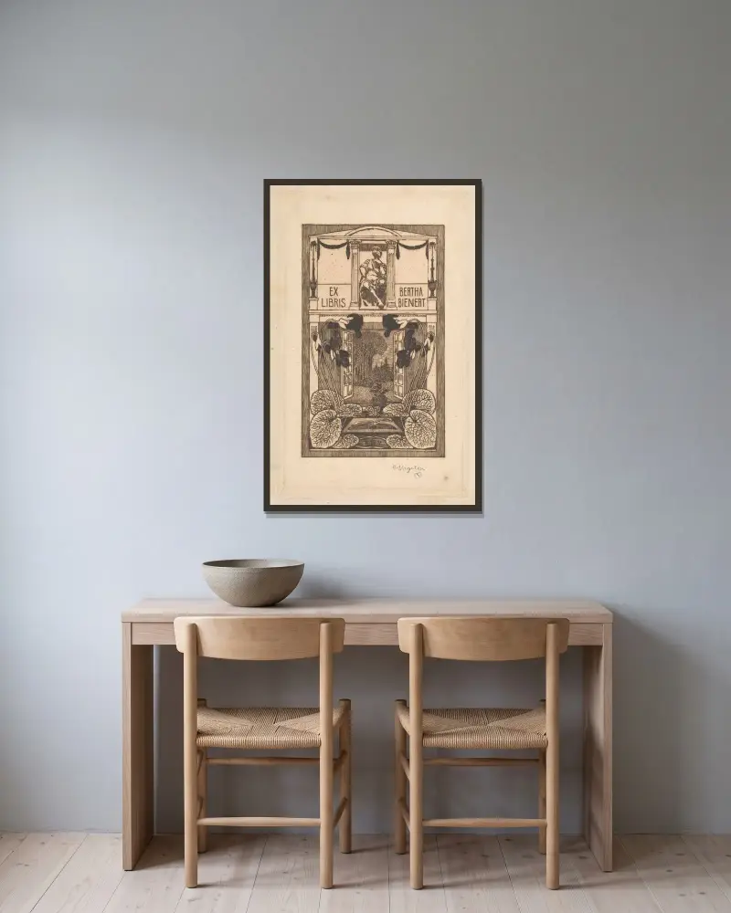 Ex Libris Bertha Bienert av Heinrich Vogeler inramad på en vägg