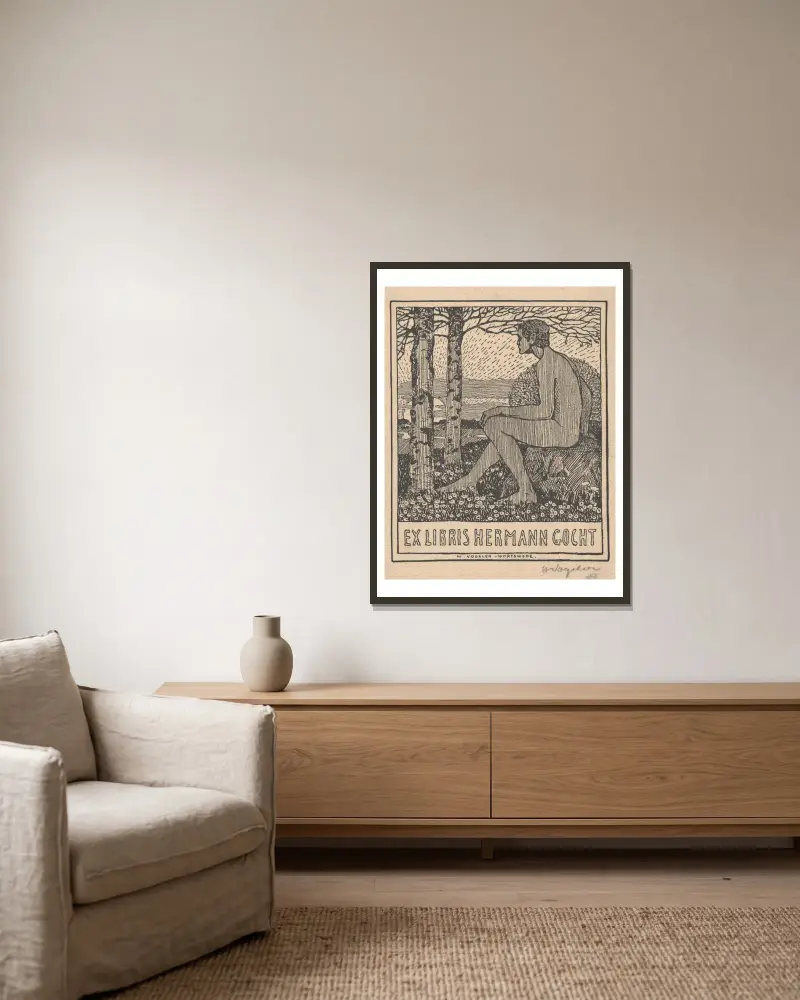 Ex Libris Hermann Gocht von Heinrich Vogeler gerahmt an einer Wand